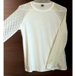 Women's White T-Shirt Lace Stretch Long Sleeve Classic Casual Floral Pattern Med